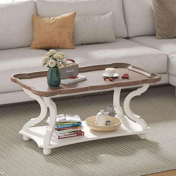 Function Home Farmhouse Coffee Table, 2-Tier Center Table with Storage Shelf, 39.8" French Country Rectangle Accent Table with Natural Tray Top and Curved Legs for Living Room Balcony, Vintage White - Image 7