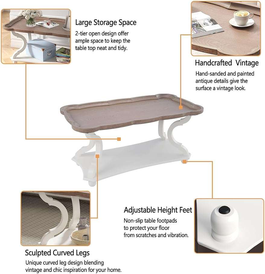 Function Home Farmhouse Coffee Table, 2-Tier Center Table with Storage Shelf, 39.8" French Country Rectangle Accent Table with Natural Tray Top and Curved Legs for Living Room Balcony, Vintage White - Image 8