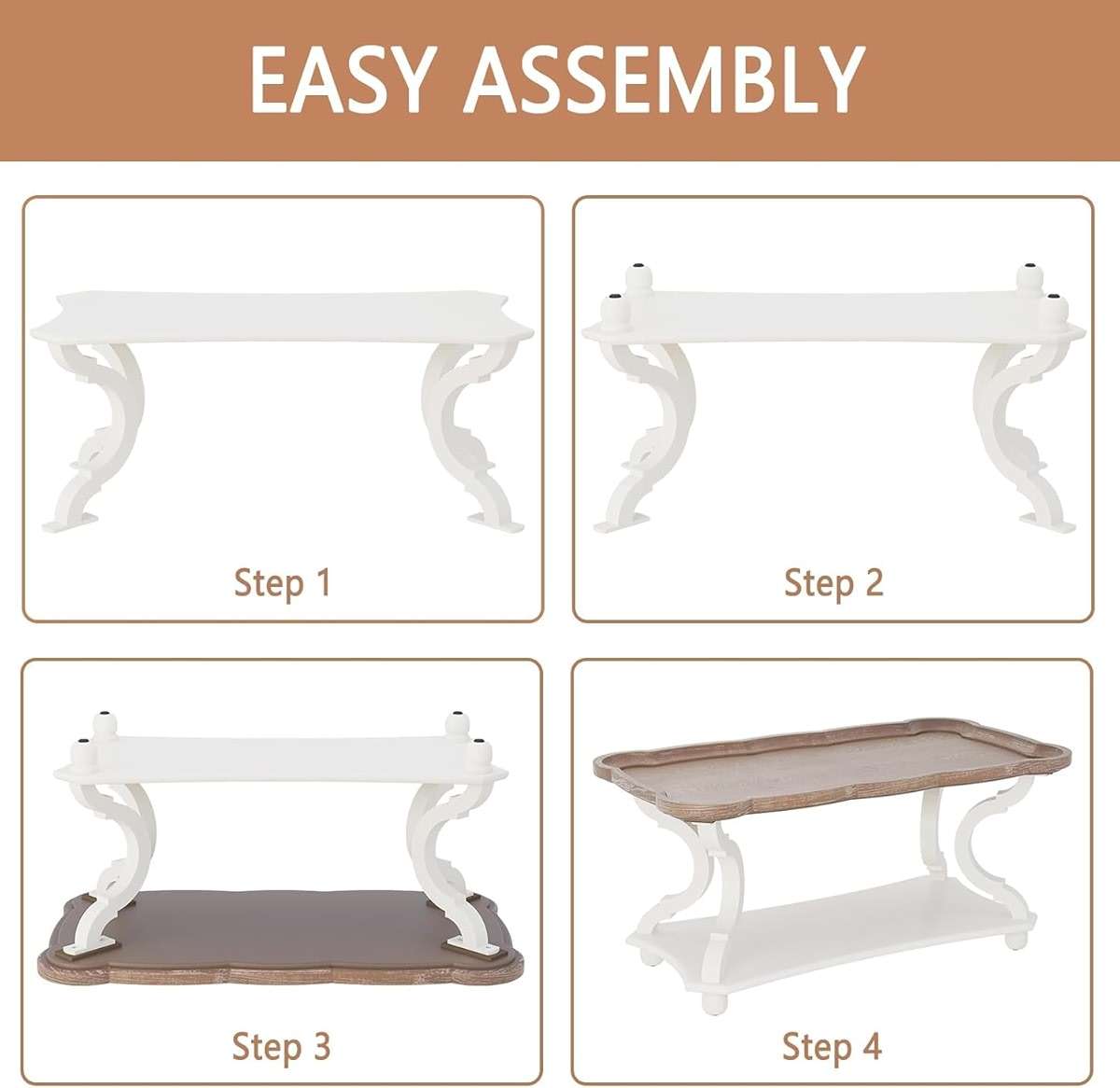 Function Home Farmhouse Coffee Table, 2-Tier Center Table with Storage Shelf, 39.8" French Country Rectangle Accent Table with Natural Tray Top and Curved Legs for Living Room Balcony, Vintage White - Image 9