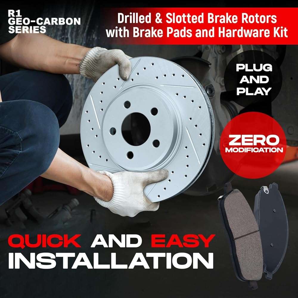 R1 Concepts Front and Rear Brake Kit Fits 2007-2009 Chrysler Aspen, Dodge Durango; 2006-2010 Dodge Ram 1500| Optimum Oep Brake Pads and Drilled Slotted Brake Rotors| 13.2" Front & 13.9" Rear - Image 3