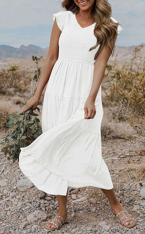 MEROKEETY Women's Summer 2026 Casual Midi Dress Flutter Sleeve V Neck Smocked Tiered Beach Vacation Dresses - Image 2