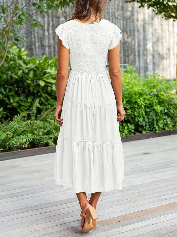 MEROKEETY Women's Summer 2026 Casual Midi Dress Flutter Sleeve V Neck Smocked Tiered Beach Vacation Dresses - Image 4