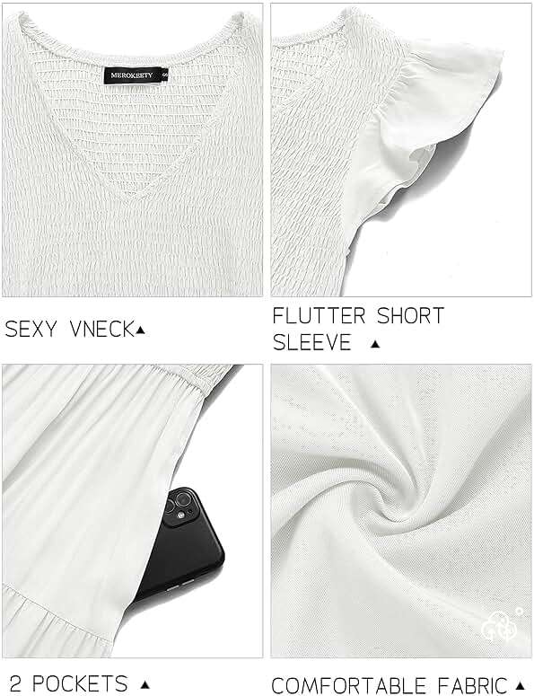 MEROKEETY Women's Summer 2026 Casual Midi Dress Flutter Sleeve V Neck Smocked Tiered Beach Vacation Dresses - Image 5