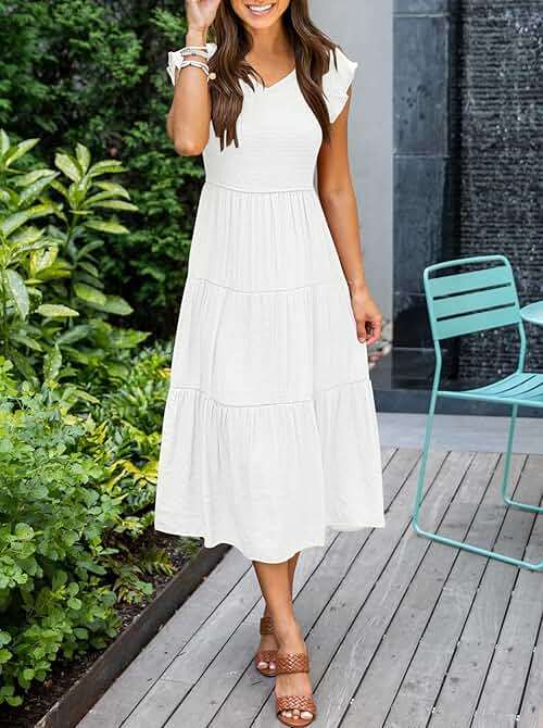 MEROKEETY Women's Summer 2026 Casual Midi Dress Flutter Sleeve V Neck Smocked Tiered Beach Vacation Dresses - Image 6