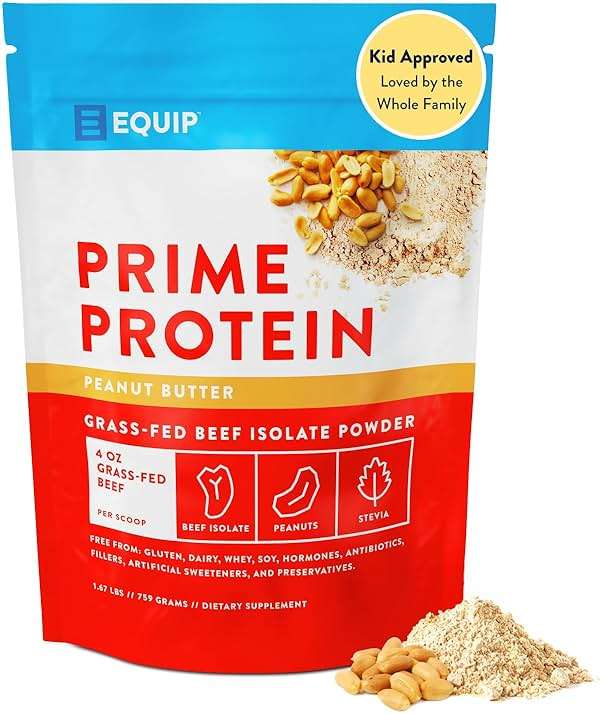 Equip Prime Peanut Butter Protein Powder - Gut-Friendly, No Sugar Protein Shake Powder with Grass-Fed Beef & Natural Collagen - Rich & Creamy Mix - 21g Per Serving - Whey & Dairy-Free (30 Scoops) - Image 1