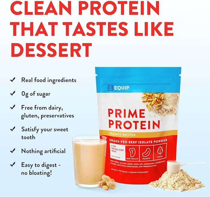 Equip Prime Peanut Butter Protein Powder - Gut-Friendly, No Sugar Protein Shake Powder with Grass-Fed Beef & Natural Collagen - Rich & Creamy Mix - 21g Per Serving - Whey & Dairy-Free (30 Scoops) - Image 3