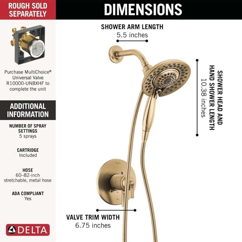 Delta Saylor 17 Series Brushed Gold Dual-Function Shower Faucet Set with In2ition 2-in-1 Dual Shower Head with HandHeld Spray Combo, Valve Trim Kit, Champagne Bronze T17235-CZ-I (Valve Not Included) - Image 3