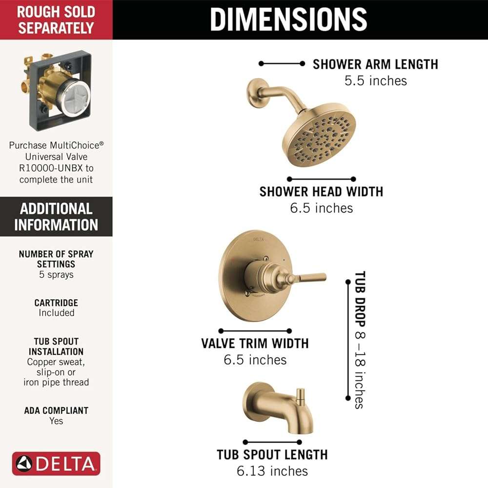 Delta Saylor 14 Series Bathtub and Shower Faucet Set, Brushed Gold Shower Head and Handle Set, Valve Trim Kit, Champagne Bronze T14435-CZ (Valve Not Included) - Image 3