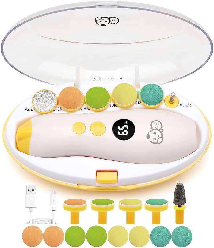 Royal Angels Rechargeable 22 in 1 Baby Nail Trimmer with LCD Display, Labeled Case, 13 Extra Pads, Safe Quiet LED Light Electric Baby Nail File Kit for Newborns Toddlers (Mango) - Image 1
