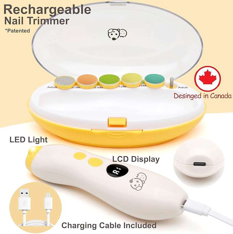 Royal Angels Rechargeable 22 in 1 Baby Nail Trimmer with LCD Display, Labeled Case, 13 Extra Pads, Safe Quiet LED Light Electric Baby Nail File Kit for Newborns Toddlers (Mango) - Image 2