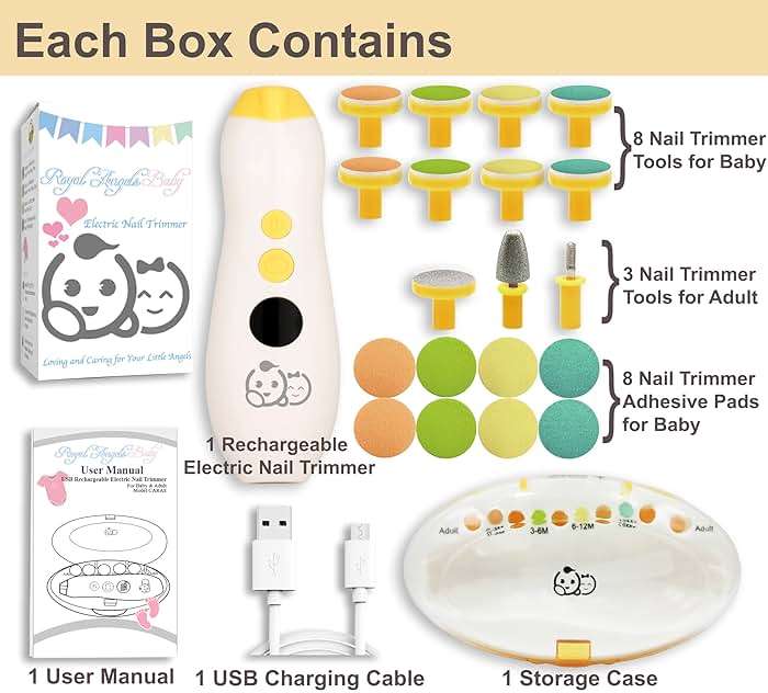 Royal Angels Rechargeable 22 in 1 Baby Nail Trimmer with LCD Display, Labeled Case, 13 Extra Pads, Safe Quiet LED Light Electric Baby Nail File Kit for Newborns Toddlers (Mango) - Image 5