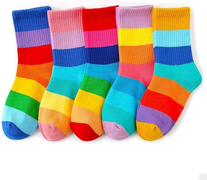hakugoo Kids Crew Socks Seamless Boys Girls Rainbow Stripes Socks Cotton Athletic Sock Unisex Cute Fun Boot Sock 5 Pairs - Image 1
