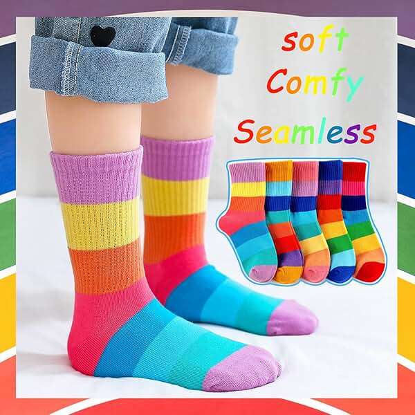 hakugoo Kids Crew Socks Seamless Boys Girls Rainbow Stripes Socks Cotton Athletic Sock Unisex Cute Fun Boot Sock 5 Pairs - Image 2