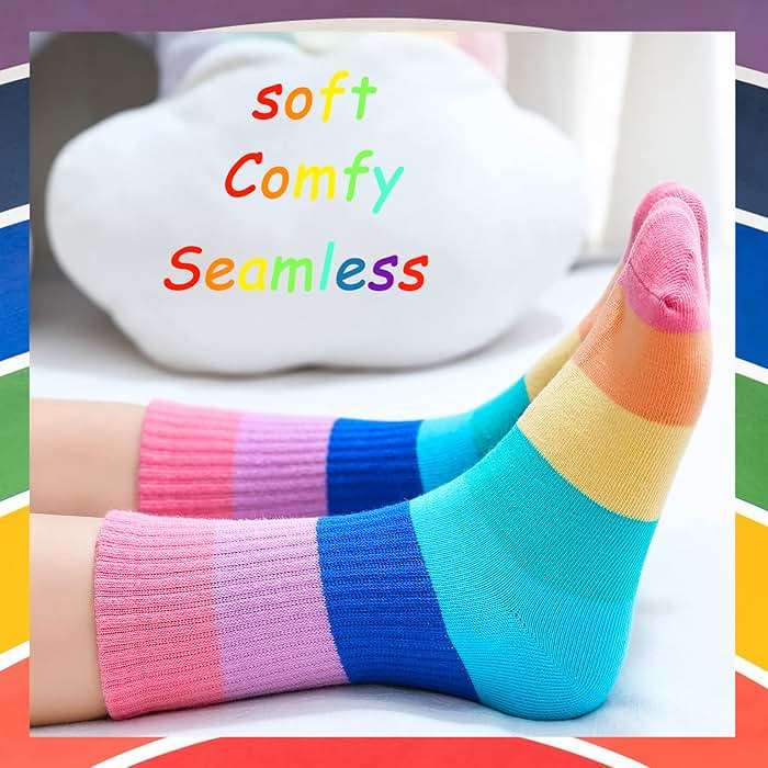 hakugoo Kids Crew Socks Seamless Boys Girls Rainbow Stripes Socks Cotton Athletic Sock Unisex Cute Fun Boot Sock 5 Pairs - Image 3
