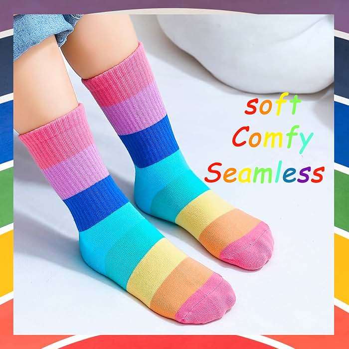 hakugoo Kids Crew Socks Seamless Boys Girls Rainbow Stripes Socks Cotton Athletic Sock Unisex Cute Fun Boot Sock 5 Pairs - Image 4