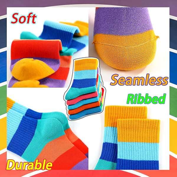 hakugoo Kids Crew Socks Seamless Boys Girls Rainbow Stripes Socks Cotton Athletic Sock Unisex Cute Fun Boot Sock 5 Pairs - Image 6