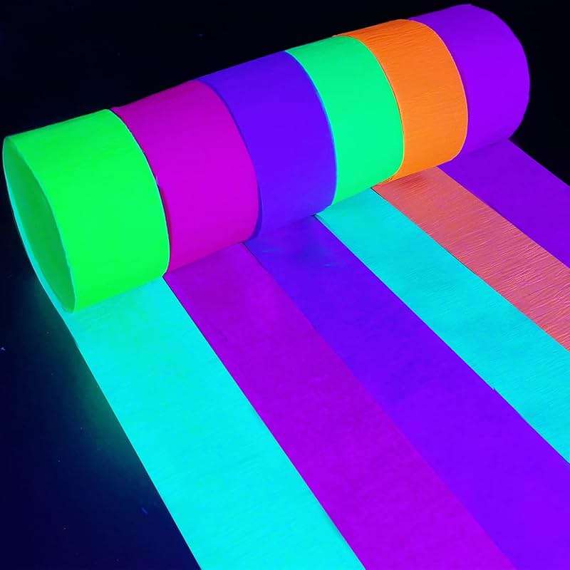600 feet Glow Crepe Paper Streamers UV Glow Party Neon Streamer Decorations Glow in The Dark Black Light Reactive Fluorescent Neon Paper Party Streamers Wedding Birthday Blacklight Party Supplies - Image 2