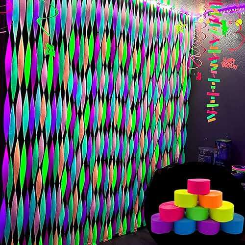 600 feet Glow Crepe Paper Streamers UV Glow Party Neon Streamer Decorations Glow in The Dark Black Light Reactive Fluorescent Neon Paper Party Streamers Wedding Birthday Blacklight Party Supplies - Image 4