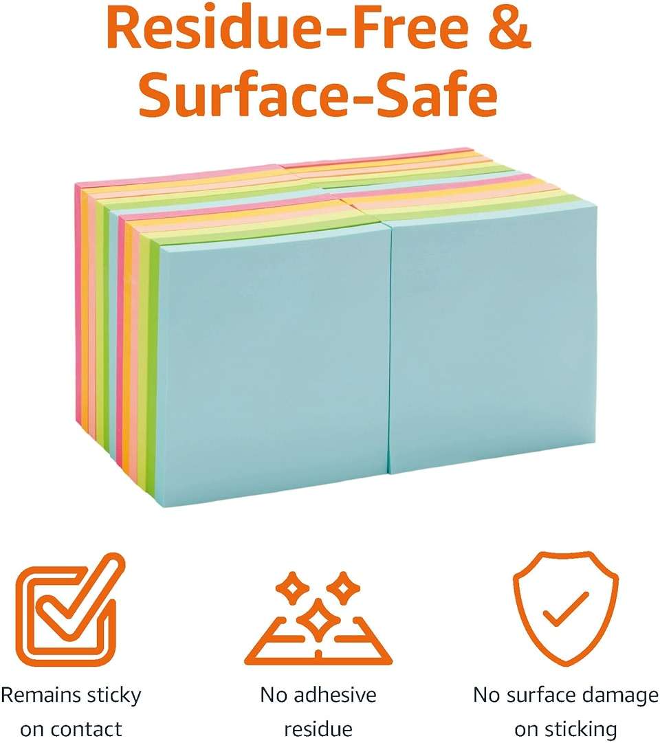 Amazon Basics Square Sticky Notes for Organizing, Reminders, To Do Lists, Clean Removal, 3"x3", 24-Pack, Assorted Colors - Image 3