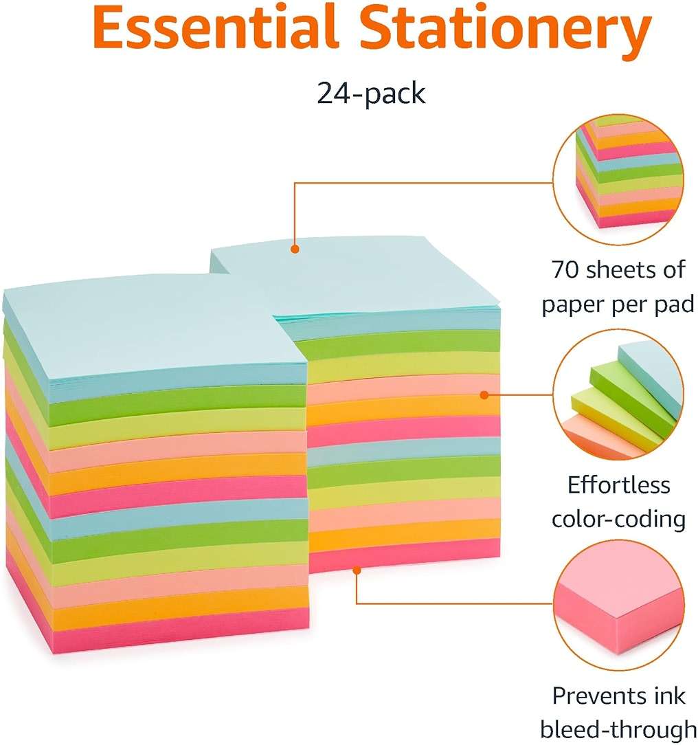 Amazon Basics Square Sticky Notes for Organizing, Reminders, To Do Lists, Clean Removal, 3"x3", 24-Pack, Assorted Colors - Image 4