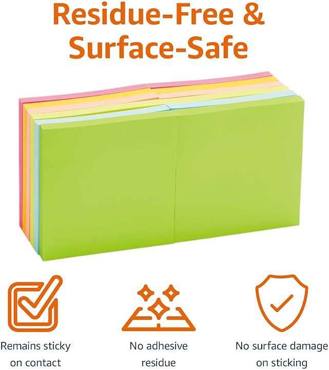 Amazon Basics Square Sticky Notes for Home, Office, School Supplies, Clean Removal, 3x3 Inches, Assorted Bright Colors, Self-Stick Pads, 70 Sheets/Pad, 12-Pack - Image 3