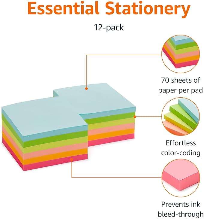 Amazon Basics Square Sticky Notes for Home, Office, School Supplies, Clean Removal, 3x3 Inches, Assorted Bright Colors, Self-Stick Pads, 70 Sheets/Pad, 12-Pack - Image 4