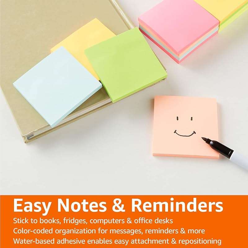 Amazon Basics Square Sticky Notes for Home, Office, School Supplies, Clean Removal, 3x3 Inches, Assorted Bright Colors, Self-Stick Pads, 70 Sheets/Pad, 12-Pack - Image 7