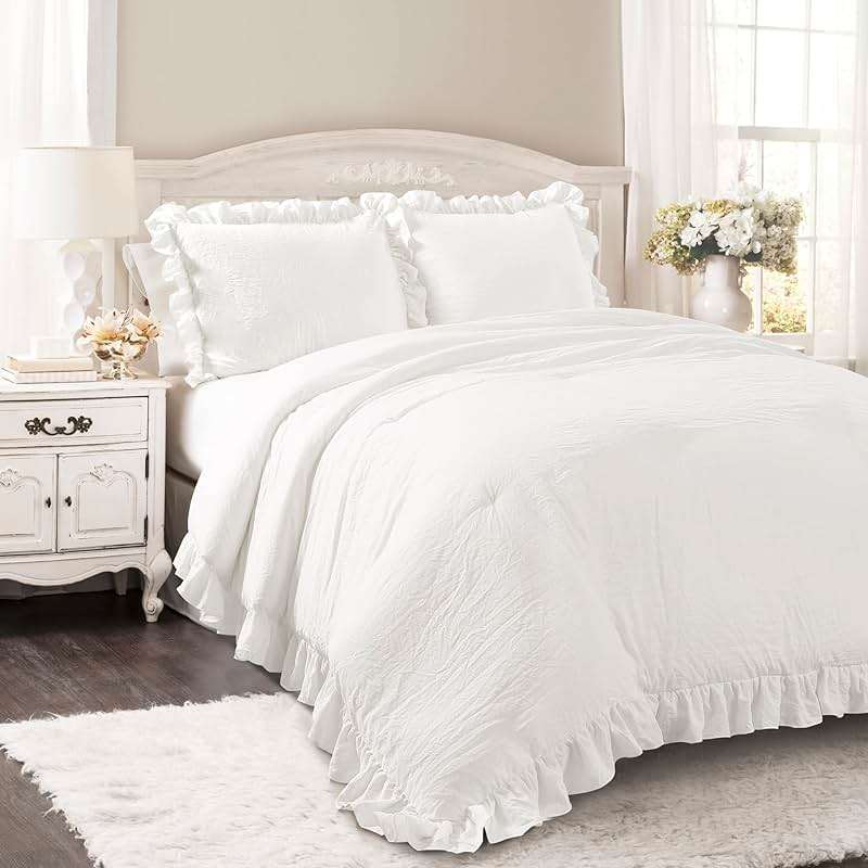 Lush Decor Reyna Ruffle Comforter Set - 3 Piece Full/Queen Size Ruffle Comforter Set - Elegance for Bedroom - Full/Queen, Pure White - Image 1