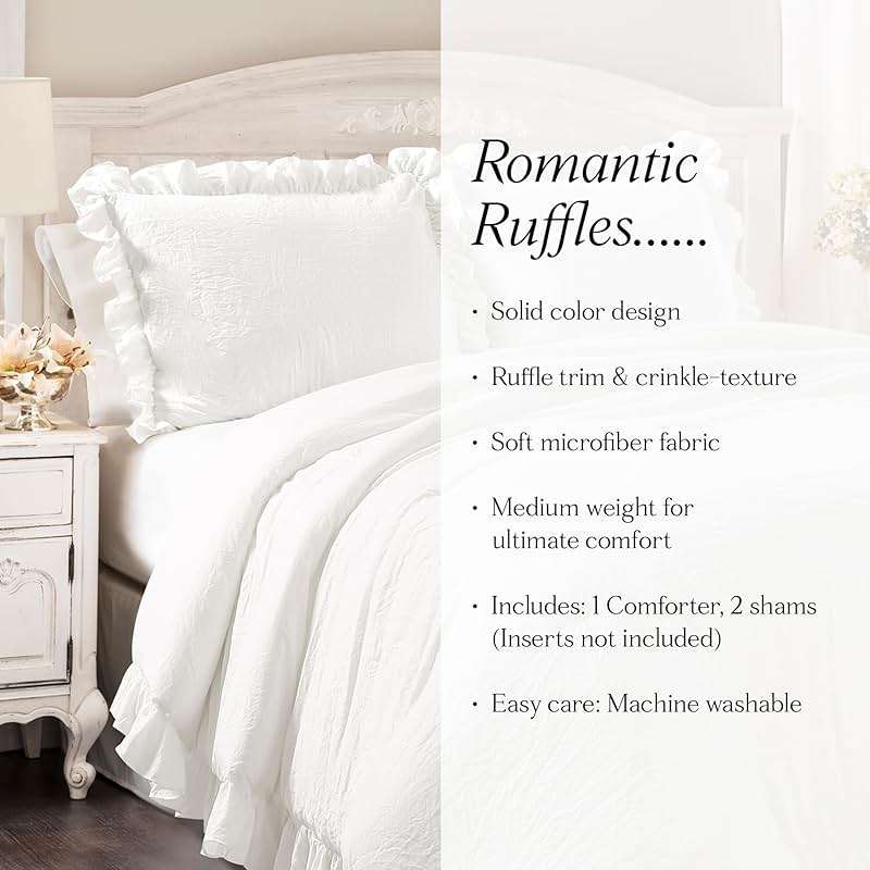 Lush Decor Reyna Ruffle Comforter Set - 3 Piece Full/Queen Size Ruffle Comforter Set - Elegance for Bedroom - Full/Queen, Pure White - Image 6