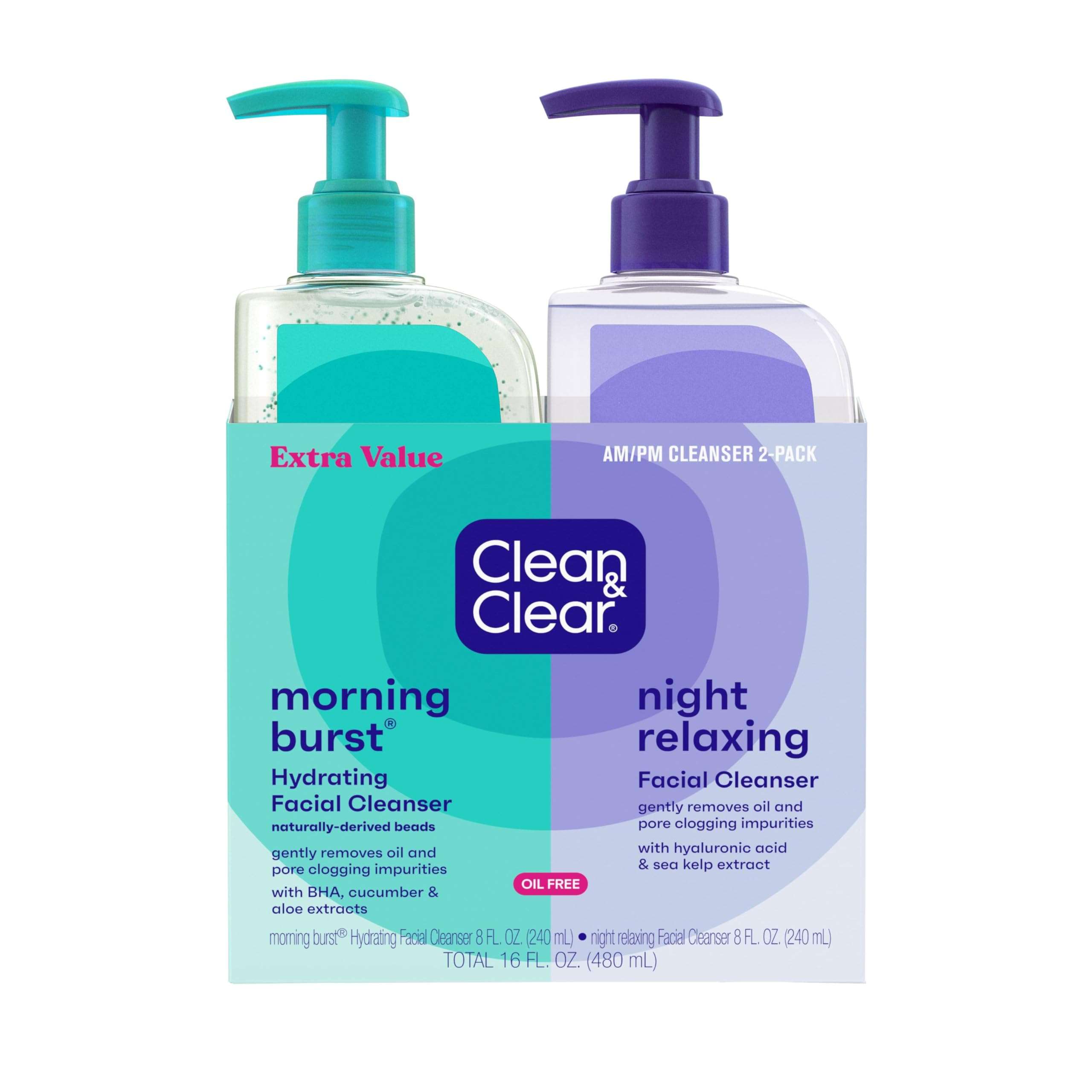 Clean & Clear Morning Burst® Hydrating Facial Cleanser and Night Relaxing Facial Cleanser, Deep Cleansing Face Wash, Oil-Free Daily Facial Cleanser, 2 Pack, 2 x 8 fl. oz - Image 1