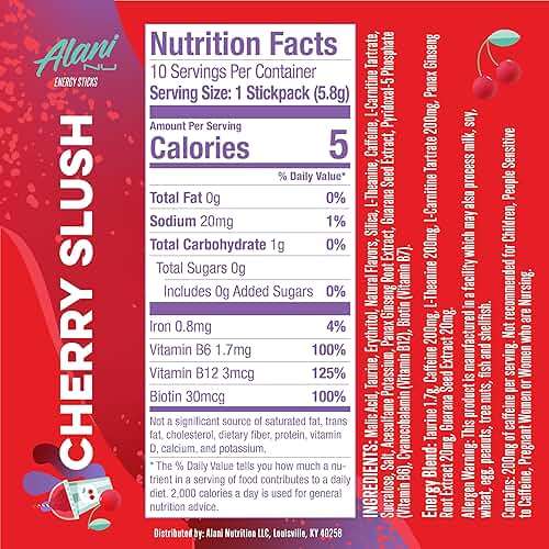 Alani Nu CHERRY SLUSH, Energy Sticks Drink Powder, 200mg Caffeine, Pre Workout Performance with Antioxidants, On-The-Go Drink Mix, Biotin, B Vitamins, Zero Sugar, 5 Calories, 10 Pack - Image 2