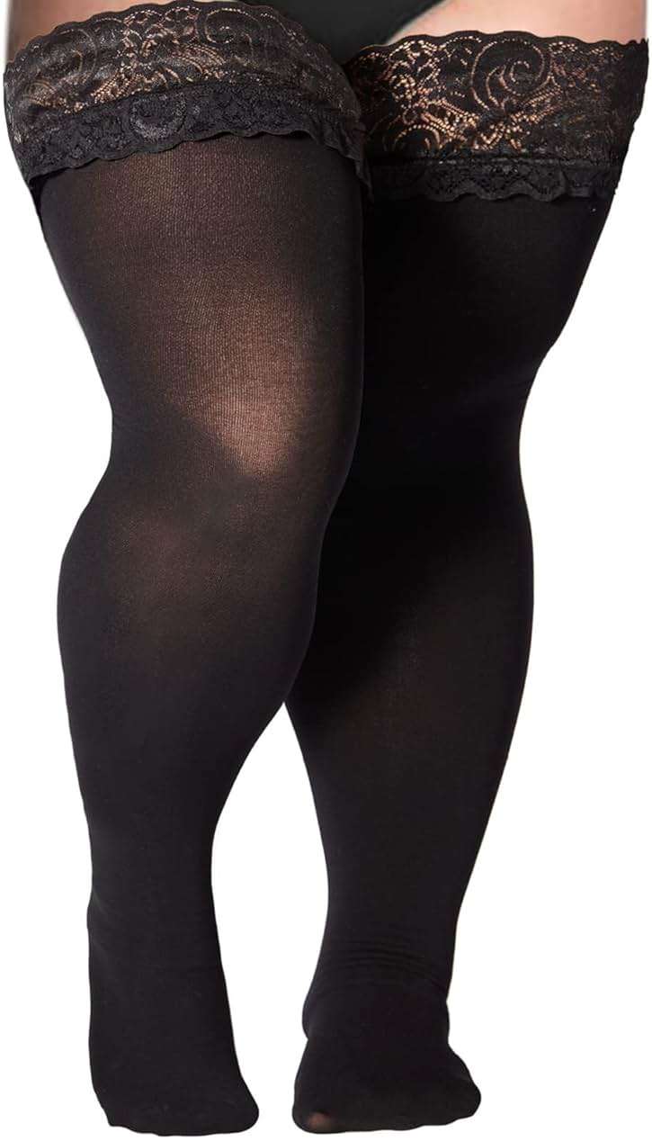 Moon Wood Plus Size Lace Top Silicone Stay-Up Thigh High Stockings for Women Sexy Semi Sheer Hosiery for Party - Image 1
