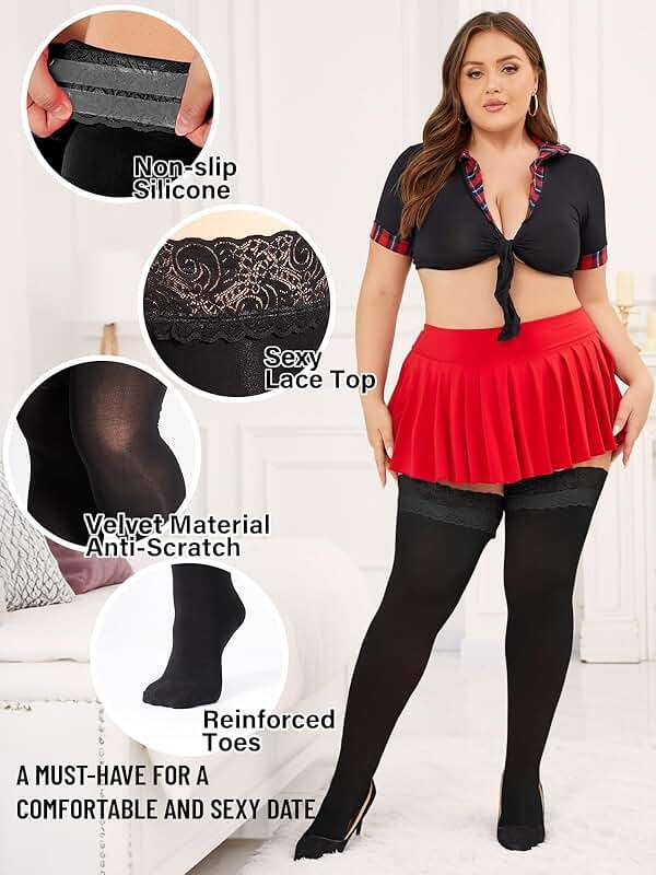 Moon Wood Plus Size Lace Top Silicone Stay-Up Thigh High Stockings for Women Sexy Semi Sheer Hosiery for Party - Image 2