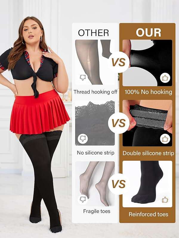 Moon Wood Plus Size Lace Top Silicone Stay-Up Thigh High Stockings for Women Sexy Semi Sheer Hosiery for Party - Image 3