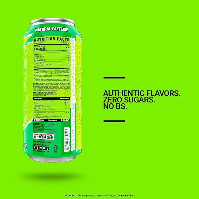 GHOST Energy Drink - 12-Pack, Warheads Sour Green Apple, 16oz - Energy & Focus & No Artificial Colors - 200mg of Natural Caffeine, L-Carnitine & Taurine - Gluten-Free & Vegan - Image 3
