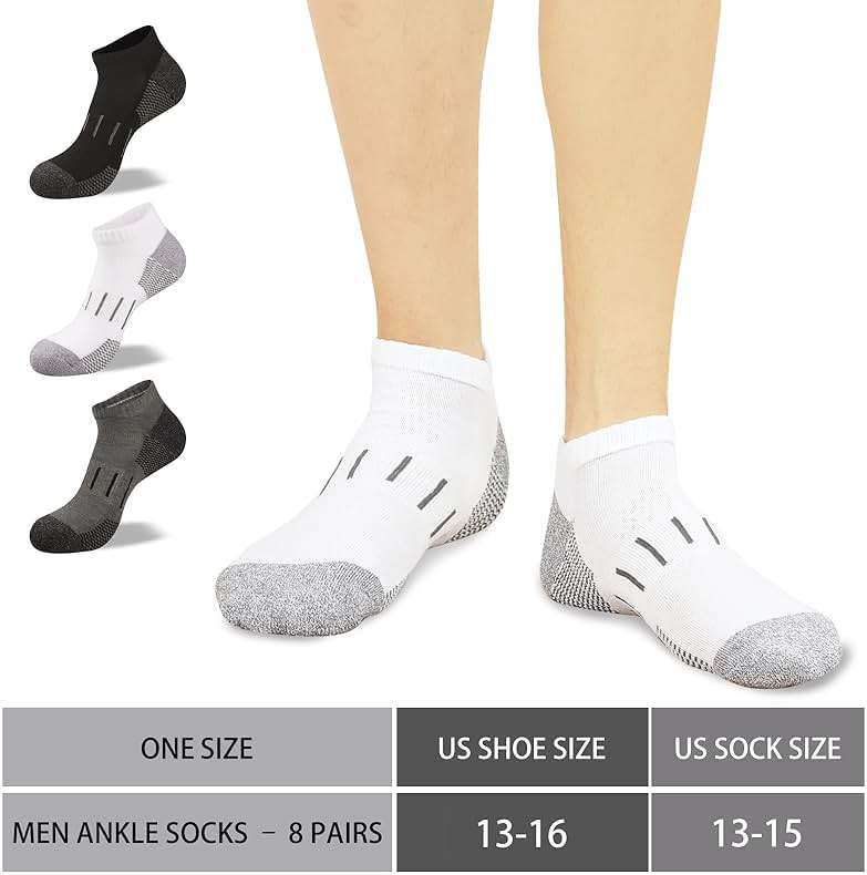 Heatuff 8 Pairs Men's Athletic Ankle Socks Cushioned Moisture Wicking Running Low Cut Sports Socks (Shoe Size 13-16) - Image 6