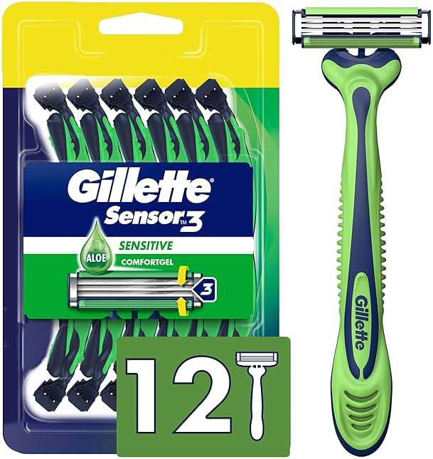 Gillette Sensor3 Sensitive Men's Disposable Shaving Razors, 12 Count - Image 1