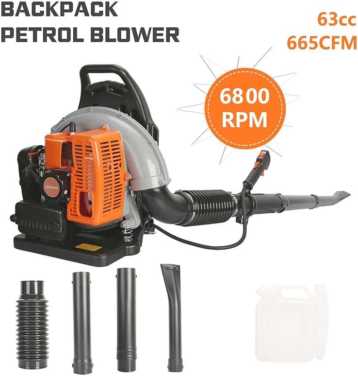 ZTGD 63CC 3HP 2 Stroke Backpack Gas Powered Leaf Blower, High Strength Snow Grass Lawn Blower Air Cooling Gasoline with Single-Cylinder Air-Cooled for Gutter,Garden,Yard Ora Orange - Image 4