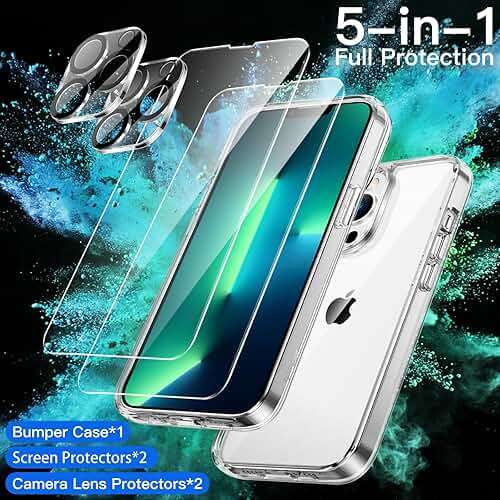 JETech 5 in 1 Case for iPhone 13 Pro Max 6.7-Inch, with 2-Pack Screen Protector and Camera Lens Protector, Non-Yellowing Shockproof Bumper Phone Cover, Full Coverage Tempered Glass Film (Clear) - Image 2