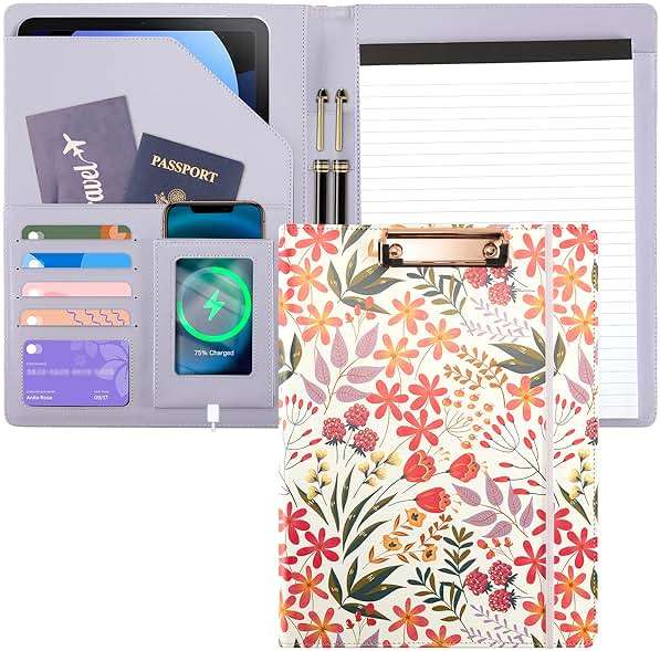 Padfolio for Women PU Leather Portfolio Cute Binder Foldable Recipe Clipboard Purple Phone Pocket - Image 1