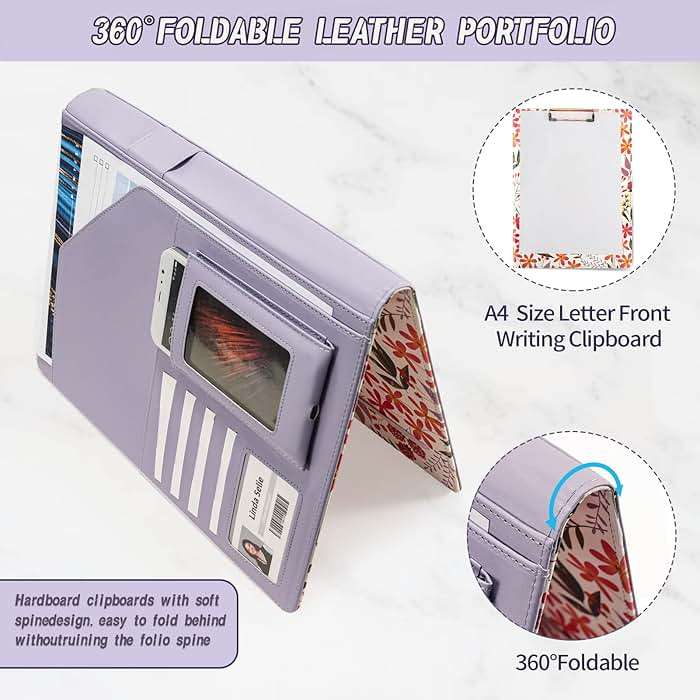 Padfolio for Women PU Leather Portfolio Cute Binder Foldable Recipe Clipboard Purple Phone Pocket - Image 3