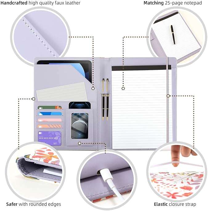 Padfolio for Women PU Leather Portfolio Cute Binder Foldable Recipe Clipboard Purple Phone Pocket - Image 4