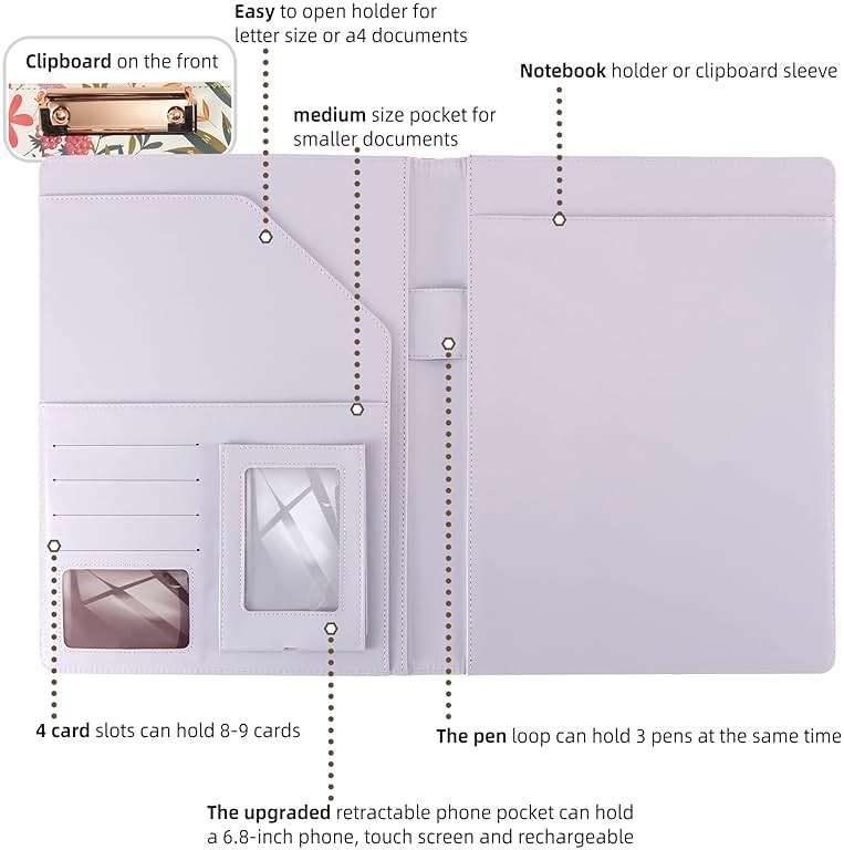 Padfolio for Women PU Leather Portfolio Cute Binder Foldable Recipe Clipboard Purple Phone Pocket - Image 5