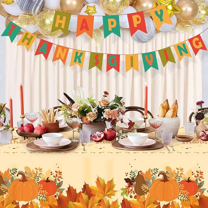 Alitake 3-Pack Thanksgiving Tablecloth Fall Tablecloths - Thanksgiving Tablecloth Disposable Plastic Thanksgiving Table Cloth Pumpkin & Leaves Print, Table Covers for Thanksgiving (Yellow) - Image 2