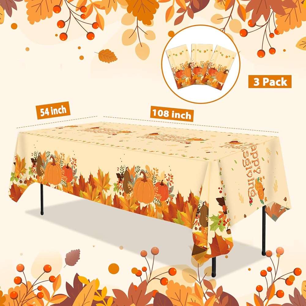 Alitake 3-Pack Thanksgiving Tablecloth Fall Tablecloths - Thanksgiving Tablecloth Disposable Plastic Thanksgiving Table Cloth Pumpkin & Leaves Print, Table Covers for Thanksgiving (Yellow) - Image 3