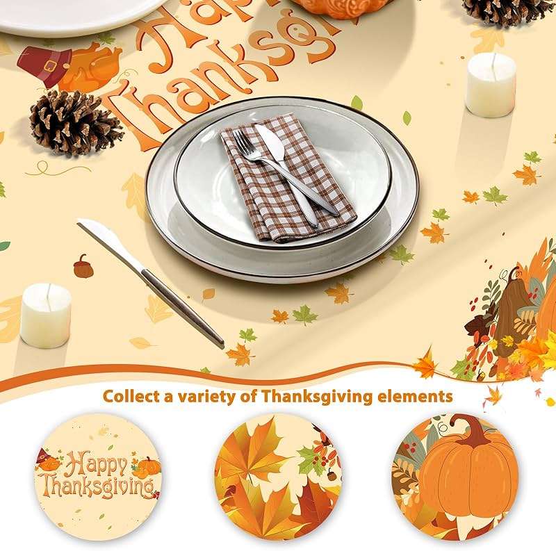 Alitake 3-Pack Thanksgiving Tablecloth Fall Tablecloths - Thanksgiving Tablecloth Disposable Plastic Thanksgiving Table Cloth Pumpkin & Leaves Print, Table Covers for Thanksgiving (Yellow) - Image 4
