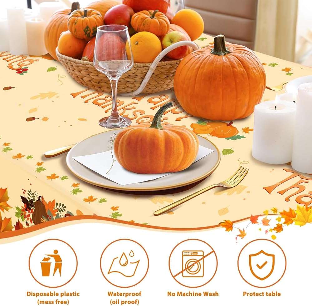 Alitake 3-Pack Thanksgiving Tablecloth Fall Tablecloths - Thanksgiving Tablecloth Disposable Plastic Thanksgiving Table Cloth Pumpkin & Leaves Print, Table Covers for Thanksgiving (Yellow) - Image 5