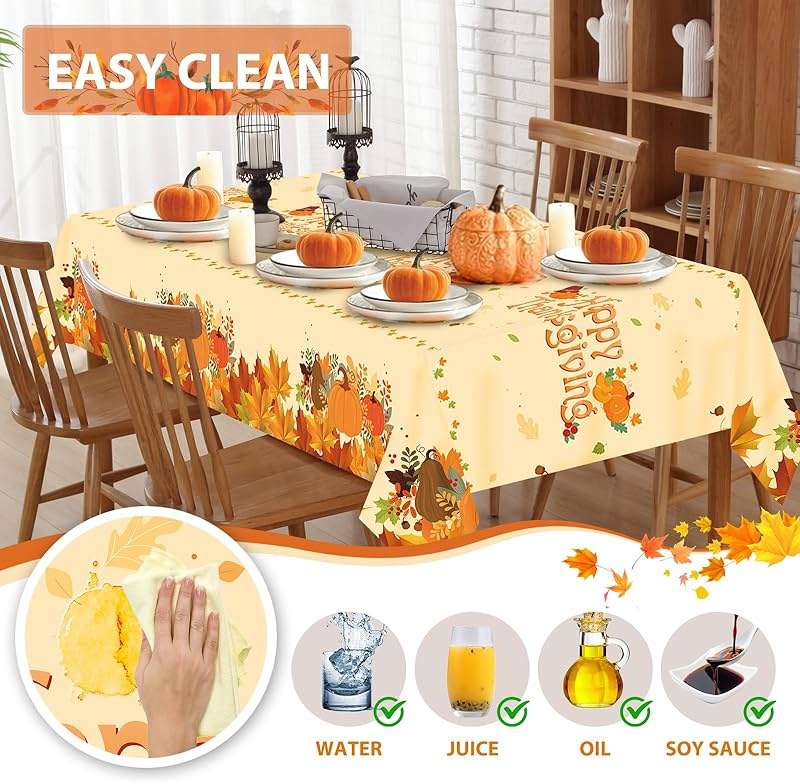 Alitake 3-Pack Thanksgiving Tablecloth Fall Tablecloths - Thanksgiving Tablecloth Disposable Plastic Thanksgiving Table Cloth Pumpkin & Leaves Print, Table Covers for Thanksgiving (Yellow) - Image 6
