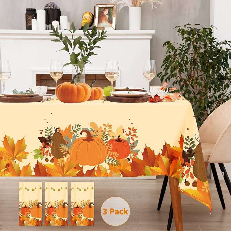 Alitake 3-Pack Thanksgiving Tablecloth Fall Tablecloths - Thanksgiving Tablecloth Disposable Plastic Thanksgiving Table Cloth Pumpkin & Leaves Print, Table Covers for Thanksgiving (Yellow) - Image 9