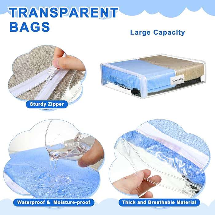 Kenning 20 Pcs Clear Zippered Storage Bags for Sheet Plastic Sweater Bag with Handle and Label Pocket Vinyl Stackable Closet Organizer Moving Bag for Bed Blanket Clothes Pillow(White,11 x 15 x 4 Inch) - Image 4